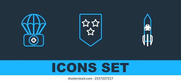 Set line Biohazard rocket, Parachute with first aid kit and Chevron icon. Vector