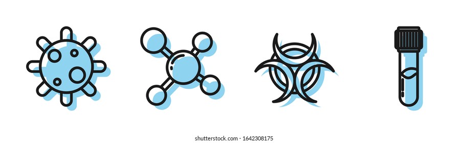 Set line Biohazard symbol, Bacteria, Molecule and Test tube and flask chemical icon. Vector