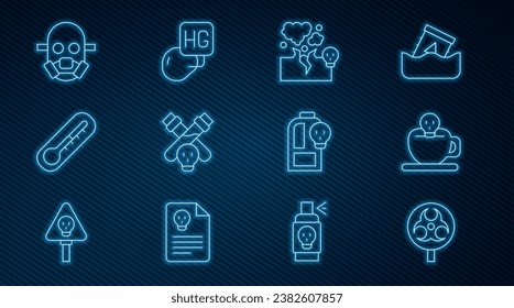 Set line Biohazard symbol, Coffee cup with skull, Poisonous cloud gas or smoke, Bottle potion, Thermometer, Gas mask, Beaker toxic liquid and Drop mercury icon. Vector