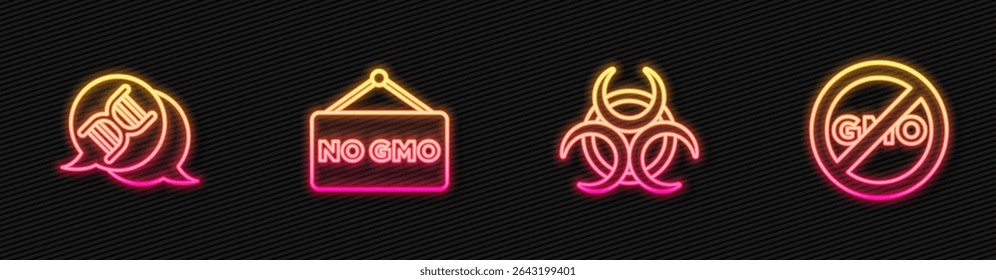 Set line Biohazard symbol, DNA, No GMO and . Glowing neon icon. Vector