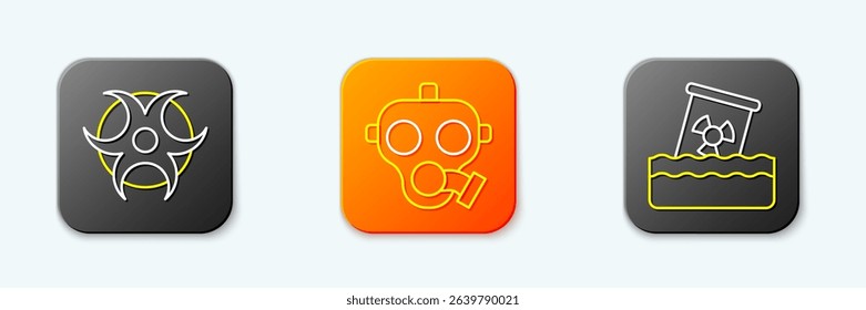 Set line Biohazard symbol, Gas mask and Radioactive waste in barrel icon. Vector