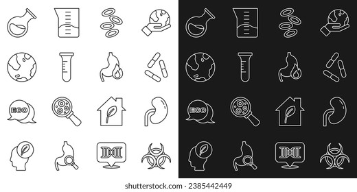 Set line Biohazard symbol, Human kidney, Virus, Hemoglobin, Test tube and flask, Earth globe,  and Stomach heartburn icon. Vector