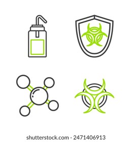 Set line Biohazard symbol, Molecule, on shield and Laboratory wash bottle icon. Vector