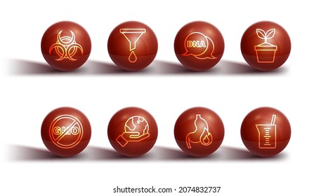 Set line Biohazard symbol, No GMO, Plant in pot, Stomach heartburn, Hand holding Earth globe, Funnel or filter, Laboratory glassware beaker and DNA icon. Vector