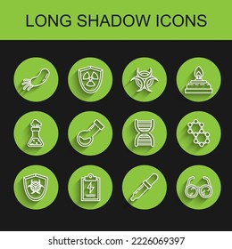 Set line Biohazard symbol on shield, Laboratory clipboard with checklist, Bacteria, Pipette, glasses, Test tube and flask chemical, Molecule and DNA icon. Vector