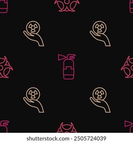 Set line Biohazard symbol, Radioactive and Fire extinguisher on seamless pattern. Vector