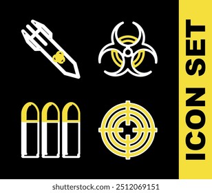 Símbolo de riesgo biológico, deporte objetivo, icono de bala y cohete. Vector