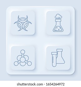 Set line Biohazard symbol, Test tube and flask chemical, Bacteria and Test tube and flask chemical. White square button. Vector