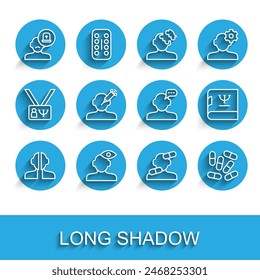 Set line Bipolar disorder, Solution problem in psychology, Male doctor, Sedative pills, Medicine tablet, Addiction the drug, Psychology book and Online psychological counseling icon. Vector