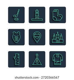 Set line Birch tree, Balalaika, Kosovorotka, Valenki, Location Russia, Bear head, Ice hockey stick and puck and Church building icon. Vector
