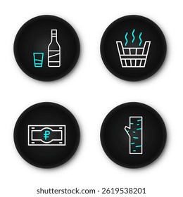 Set line Birch tree, Russian ruble banknote, Sauna bucket and Bottle of vodka with glass icon. Vector