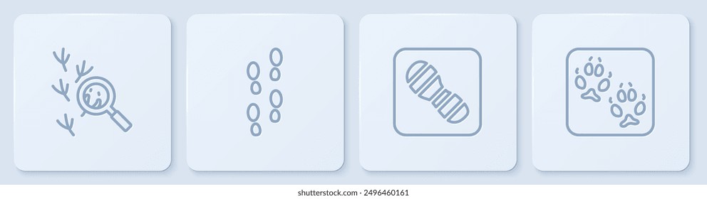 Set line Bird footprint, Human footprints shoes,  and Fox paw. White square button. Vector
