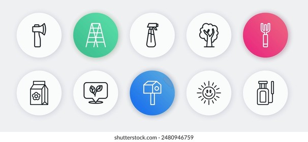 Set line Bird house, Garden pitchfork, Pack full of seeds, Sun, Tree, sprayer water,  and Leaf icon. Vector