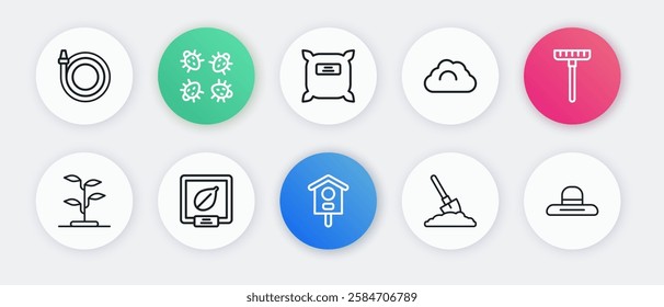 Set line Bird house, Garden rake, Sprout, Shovel in the ground, Cloudy weather, Pack full of seeds, Farmer worker hat and Seeds specific plant icon. Vector