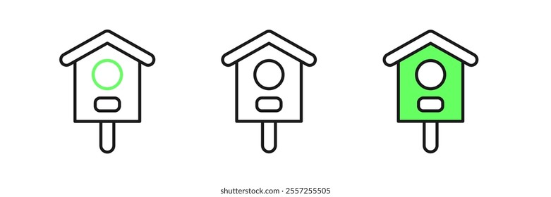 Set line Bird house icon isolated on white background. Nesting box birdhouse, homemade building for birds.  Vector