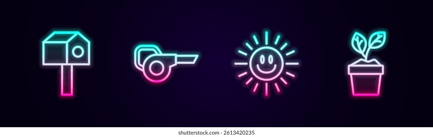 Set line Bird house, Leaf garden blower, Sun and Plant in pot. Glowing neon icon. Vector