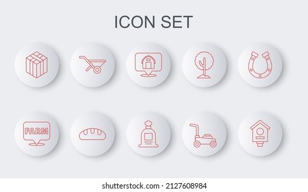 Set line Bird house, Location farm, Lawn mower, Bale of hay, Wheelbarrow, Bread loaf and Full sack icon. Vector
