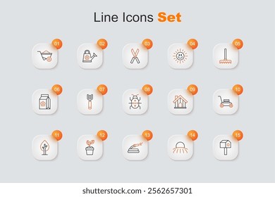 Set line Bird house, Sunrise, Garden hose, Plant in pot, Tree, Lawn mower, Farm and Colorado beetle icon. Vector