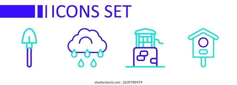 Set line Bird house, Well, Cloud with rain and Shovel icon. Vector