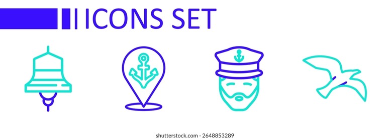 Set line Bird seagull, Captain of ship, Location with anchor and Ship bell icon. Vector
