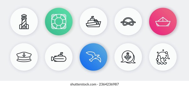 Set line Bird seagull, Folded paper boat, Captain hat, Anchor, Nautical rope knots, Speedboat, Tsunami and Submarine icon. Vector