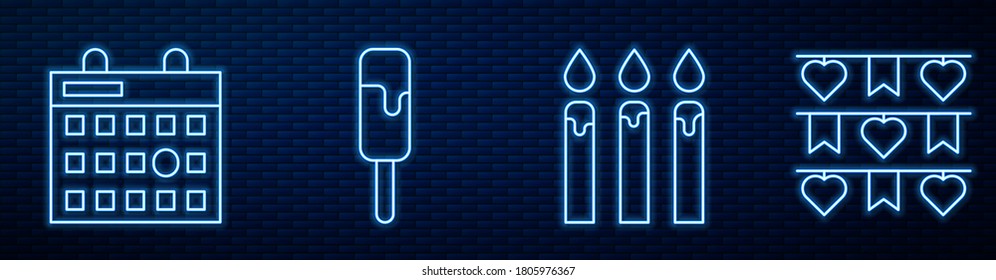 Fijar la línea de velas de torta de cumpleaños, calendario de cumpleaños, helado y guirnalda de carnaval con banderas. Icono de neón brillante en la pared de ladrillo. Vector