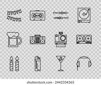 Set line Birthday cake candles, Headphones, Grilled shish kebab, Lighter, Carnival garland with flags, Home stereo two speakers, Martini glass and DJ remote for playing mixing music icon. Vector