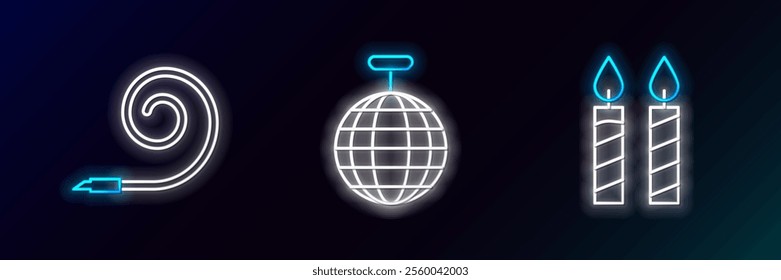 Set line Birthday cake candles, party horn and Disco ball icon. Glowing neon. Vector