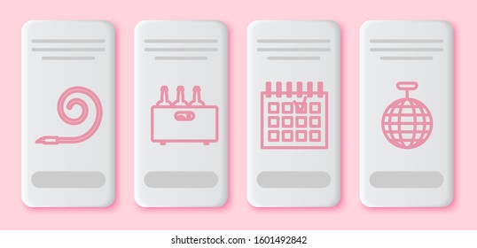 Set line Birthday party horn , Bottles of wine in a wooden box , Detailed calendar  and Disco ball . White rectangle button. Vector