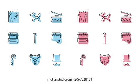 Set line Birthday party horn, Bear head, Circus curtain raises, Magician, wand, Fast street food cart,  and Balloon dog icon. Vector