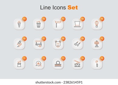 Set line Birthday party horn, Drum with drum sticks, Roller coaster, Circus tent, Magician hat, Attraction carousel, Dart arrow and Bear head icon. Vector