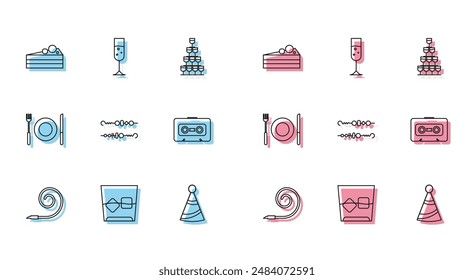 Set line Birthday party horn, Glass of whiskey and ice cubes, Cake, Party hat, Grilled shish kebab, Retro audio cassette tape, Plate, fork knife and champagne icon. Vector