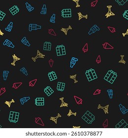 Set line Birthday party horn, Gift box, Martini glass and Ice cream waffle cone on seamless pattern. Vector