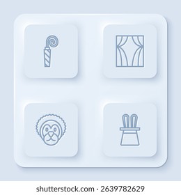 Set line Birthday party horn, Circus curtain raises, Wild lion and Magician hat and rabbit ears. White square button. Vector