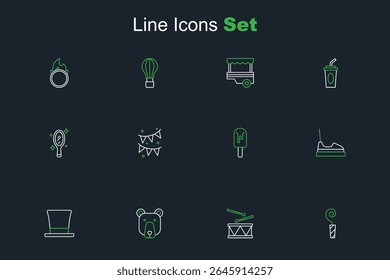 Set line Birthday party horn, Drum with drum sticks, Bear head, Cylinder hat, Bumper car, Ice cream, Carnival garland flags and Magic hand mirror icon. Vector