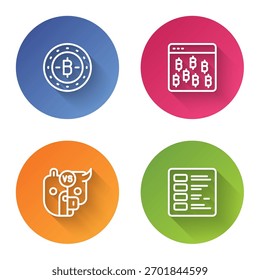 Set line Bitcoin, browser, Bull and bear of stock market and Business finance report. Color circle button. Vector
