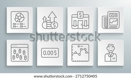 Set line Bitcoin in browser, Financial growth and, Zero cost, Browser with graph, Trader, Bank building, Business finance report and Pie chart infographic icon. Vector