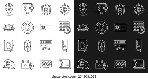 Set line Bitcoin in browser, USB flash drive, Server bitcoin, Shield with, circuit,  and Credit card icon. Vector