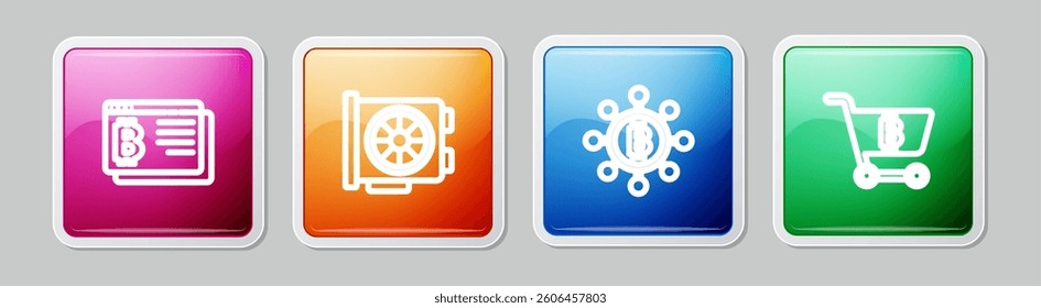Set line Bitcoin in browser, Video graphic card, Blockchain technology and Shopping cart with bitcoin. Colorful square button. Vector