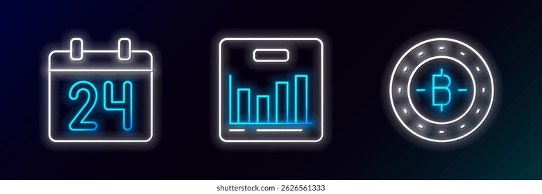 Set line Bitcoin, Calendar and Pie chart infographic icon. Glowing neon. Vector