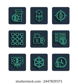 Set line Bitcoin with circuit, Blockchain technology, clock, the target, Lock bitcoin,  and Server icon. Vector