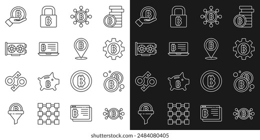 Set line Bitcoin in circuit, Cryptocurrency, Blockchain technology, Mining bitcoin from laptop, Video graphic card, Hand holding and  icon. Vector