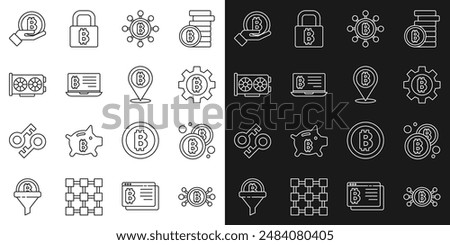 Set line Bitcoin in circuit, Cryptocurrency, Blockchain technology, Mining bitcoin from laptop, Video graphic card, Hand holding and  icon. Vector