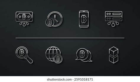 Set line Bitcoin with circuit, Magnifying glass, Server, Globe, clock, Blockchain technology and Mining bitcoin from mobile icon. Vector