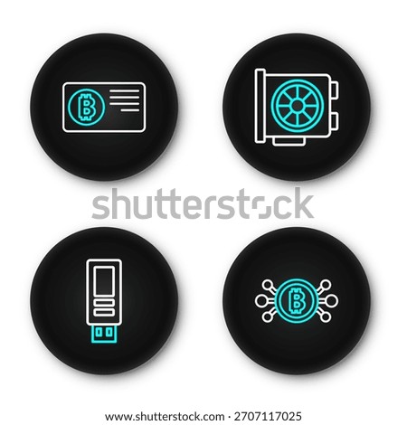 Set line Bitcoin in circuit, USB flash drive, Video graphic card and Credit with bitcoin icon. Vector