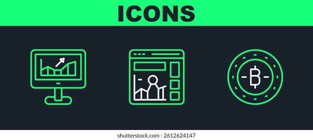 Set line Bitcoin, Computer with growth graph and Website icon. Vector