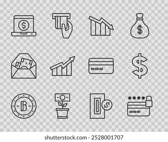 Definir linha Bitcoin, Cartão de crédito com cadeado, Crescimento financeiro diminuir, Dinheiro plantar o pote, Dólar Laptop, aumentar, Inserção e símbolo de Dólar ícone. Vetor