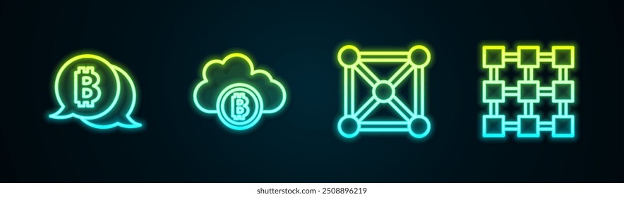 Set line Bitcoin, Cryptocurrency cloud mining, Blockchain technology and . Glowing neon icon. Vector