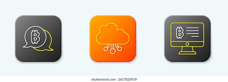 Set line Bitcoin, Cryptocurrency cloud mining and Mining bitcoin from monitor icon. Vector