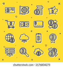 Fijar línea Bitcoin, Cryptocurrency exchange, bitcoin, carrito de compras con, tarjeta de crédito e icono. Vector